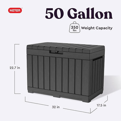 Keter Kentwood 50 Gallon Resin Deck Box for Outdoor Storage – Weather‑Resistant Balcony & Patio Box for Cushions, Throw Pillows & Garden Tools, Dark Grey