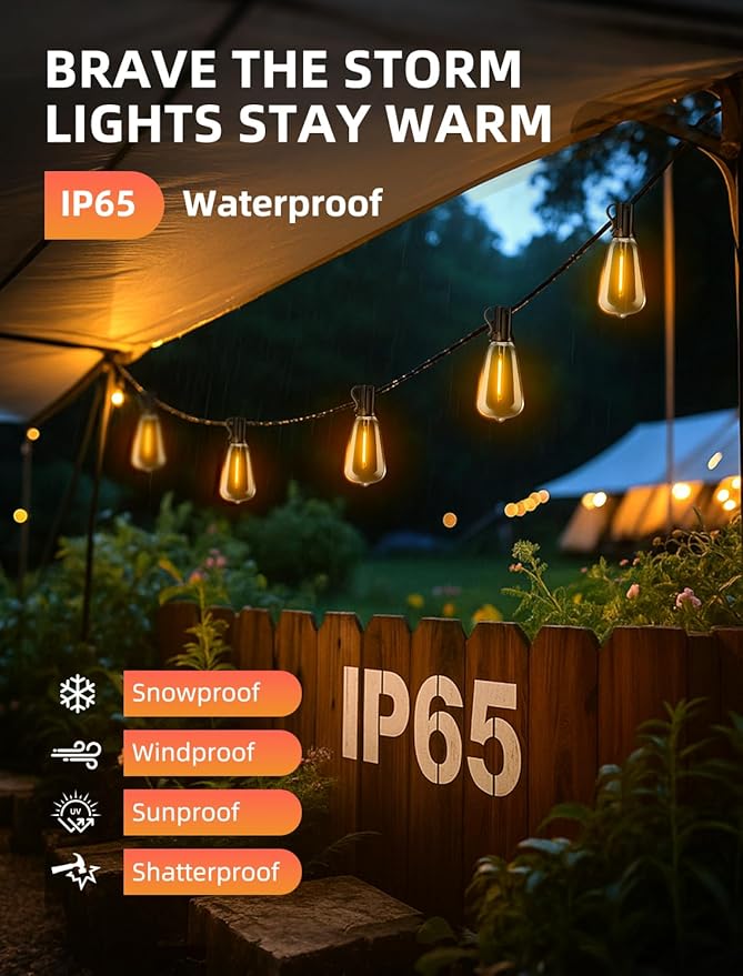 Outdoor Patio String Lights 100ft: ST38 LED Shatterproof Bulbs 3 Modes Button Control - Waterproof Connectable Lights - Wedding Bistro Party Gazebo Backyard Decorative