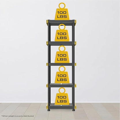 BLACK & YELLOW 5-Tier Heavy Duty Plastic Storage Shelving Unit, 5 Shelves Support up to 100lb/shelf, Organization and Storage, Weather-Resistant Design, Easy Assembly, American Made (72H x 24W x 20D)