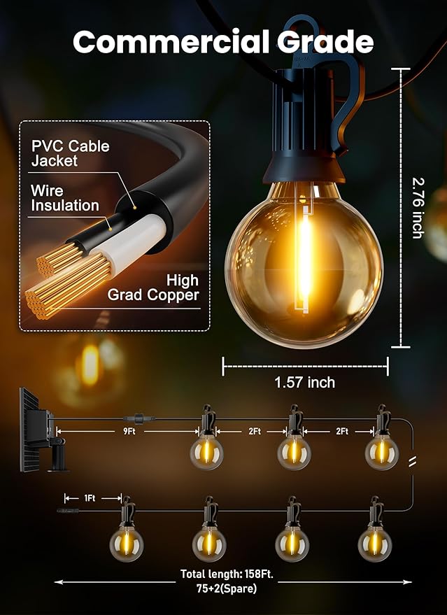 Brightown 158FT Solar String Lights Outdoor with Remote and 77 LED Shatterproof Bulbs, Dimmable & Timable, 3 Light Modes, Solar Patio String Lights Outdoor for Cafe, Garden, Deck, Outside Wedding