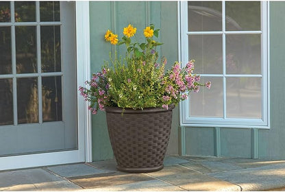Suncast Sonora 18 Inch Lightweight Durable Plastic Wicker Decorative Flower Planter Pot for Yard, Garden, Indoor or Outdoor Use, Brown