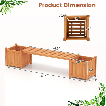 Giantex 2-in-1 Outdoor Bench with 2 Raised Garden Beds, Wood with Teak Oil Finish, Garden Bench Seat with Planter Boxes for Porch Balcony Lawn Yard, DIY Assembly, Orange