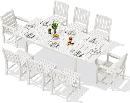 SERWALL 9-Piece Outdoor Dining Set, 60" - 83" Expandable Outdoor Dining Table and 8 HDPE Chairs, All Weather HDPE Outdoor Furniture Set for Backyard, Garden, White