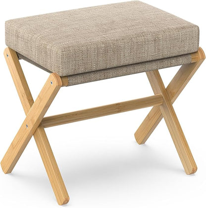Foldable Foot Stool Ottoman, Modern Foot Rest with Bamboo X Legs & Thick Foam Cushion, Folding Foot Stools Small Padded for Bedroom Living Room, Footstool for Chair Couch (Natural - Brown)