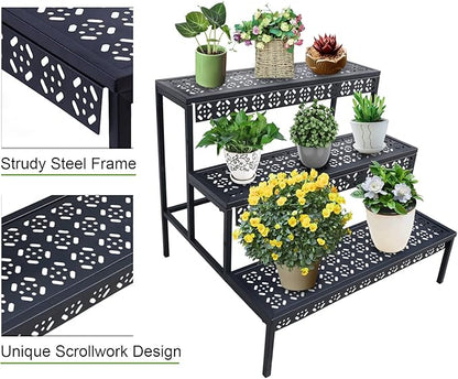 aboxoo 3 Tier Stair Style Large Metal Plant Stand, Garden Display Shelf Flower Pot Holder Storage Organizer Rack for Indoor Home Outdoor Patio Balcony Yard( Black, Rectangle)