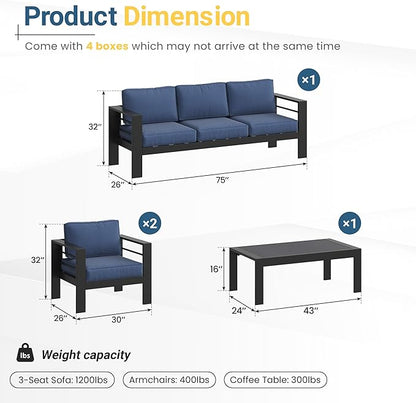 Solaste Aluminum Patio Furniture Set for All Weather, Oversized Metal Outdoor Furniture Set with 27.5" Deep Seating and 3.2" WIde Armrest, Outdoor Patio Conversation Sets with 10’’ Back Suport Cushion
