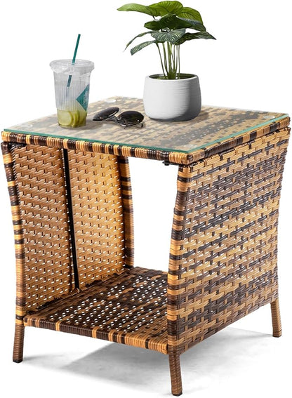 VINGLI Outdoor Wicker Side Table Patio Side Tables for Outside, Tempered Glass Top Wicker Table with Storage End Table for Balcony Porch Deck (Natural)
