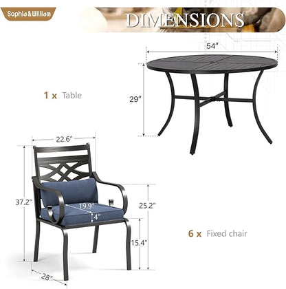 Sophia and William Patio Dining Set for 6, Outdoor Table and Chairs, Removable Seat Cushions, Black 54" Round Patio Dining Table,Blue