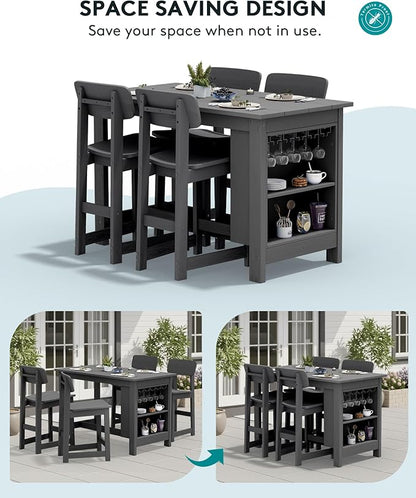 SERWALL Outdoor Bar Table, All Weather HDPE 36" Counter Height Dining Table with Storage and Wine Rack for Patio, Garden, Backyard, Balcony, Poolside, Gray