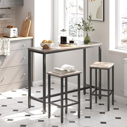HOOBRO Bar Table and Chairs Set, 47.2” Rectangular Pub Table with 2 Stools for Small Space, High Top Table, 3-Piece Breakfast Set, Sturdy Metal Frame, Easy to Assemble, Greige BG52BT01