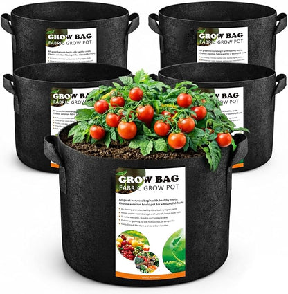 5 Pack 3 Gallon Fabric Grow Bags, Heavy Duty 300G Thickened Aeration Nonwoven Fabric Garden Pots with Handles, Planting Bag for Tomato, Potato, Strawberry, Vegetable, Fruits and Flowers