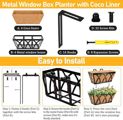 Riare 4 Pack 16 Inch Metal Railing Planter Window Box with Coco Liner- Adjustable Window Flower Boxes for Railings, Hanging Rail Planters for Deck, Balcony, Porch, Fence, Indoor Outdoor Plants