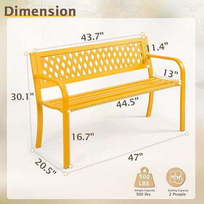 VINGLI 47'' Outdoor Bench, Weather Resistant Garden Patio Bench Powder Coated Iron Frame w/PVC Mesh Backrest Slatted Seat, 2-Person Outdoor Furniture for Front Porch Entryway Park (Yellow)