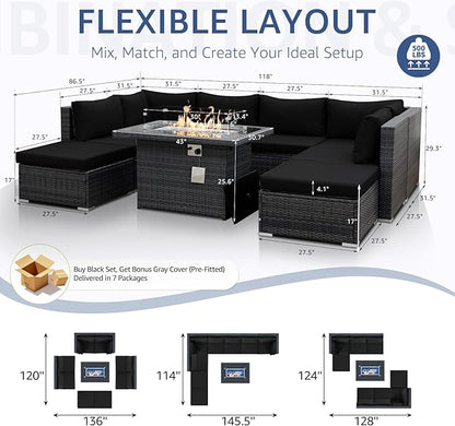 NICESOUL Large Size 9 Piece Patio Conversation Set with Fire Pit Table Propane/Gas, 29.3'' High Back Outdoor Furniture Sectional Set, Heavyweight Rattan Contemporary Sofa, 2 Color Cushion Black &Gray