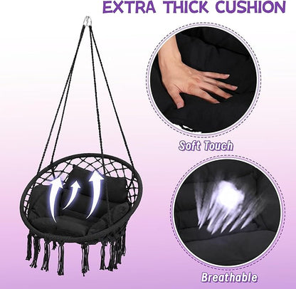 Macrame Hammock Hanging Swinging Chair with Medium Cushion, Perfect for Bedroom, Porch, Adults, Balcony, Black
