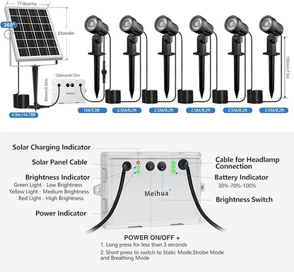 MEIHUA Solar Spot Lights Outdoor, 6 in 1 Solar Landscape Spotlights 2700K Warm White, 3 Lighting Modes & 3 Brightness, IP66 Waterproof Spotlights Outdoor Garden for Pathway Driveway Yard Tree