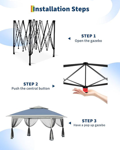 Canopy Tent 12x12 ft, Pop Up Gazebo One-Push Setup with 4 SandBags for Backyard Parties and BBQs, Mosquito Netting & Height Adjustable - Navy Blue