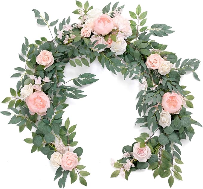 Artificial Flower Garland, 6 Ft Blush and Cream Eucalyptus Rose Runner