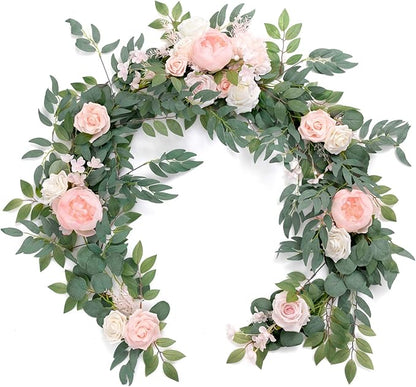Artificial Flower Garland, 6 Ft Blush and Cream Eucalyptus Rose Runner