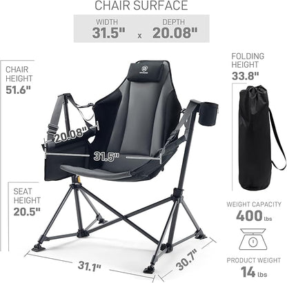 Chairs Padded Oversized Folding Rocking Swing, Black Metal, Holds 400 lbs
