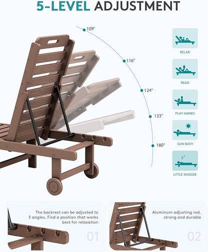 SERWALL Patio Chaise Lounge Set of 4, HDPE Outdoor Lounge Chair with Cup Holder, 5 Positions Adjustable Poly Lounger with Rolling Wheels for Poolside, Deck, Sunbathing, Brown