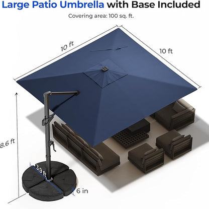HOMSHADE 10 ft Square Cantilever Patio Umbrella with Base Included, Solar Lights Large Umbrella Outdoor Patio with 360°Rotation&Tilting, LED Lighted Offset Umbrellas w/Stand for Pool Deck