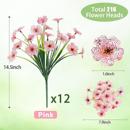 MACTING 12 Bundles Artificial Flowers for Outdoors Fake Flowers UV Resistant Faux Plastic Plants No Fade for Hanging Planters Window Patio Porch Garden Home Indoor Outdoor Spring Decorations,Pink