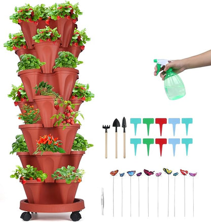 GameXcel Vertical Planter, 7 Tier Stackable Strawberry Planter with Garden Tool Set, Movable Indoor/Outdoor Garden Herb Pot for Growing Vegetables and Succulents, Red