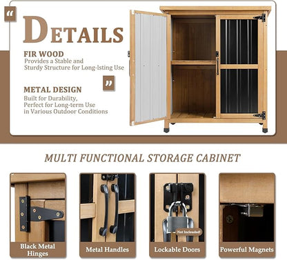 PetsCosset Weatherproof Outdoor Storage Cabinet with Lockable Doors, Wood & Metal Garden Storage Shed Patio Storage Box for Tools & Lawn Equipment, Pool Accessories