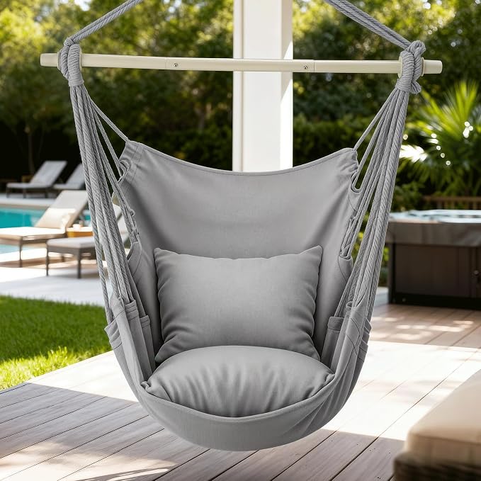 Hammock Chair, Gray Boho Macrame Rope Swing with 2 Cushions