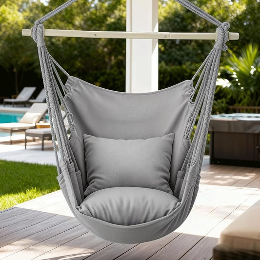 Hammock Chair, Gray Boho Macrame Rope Swing with 2 Cushions