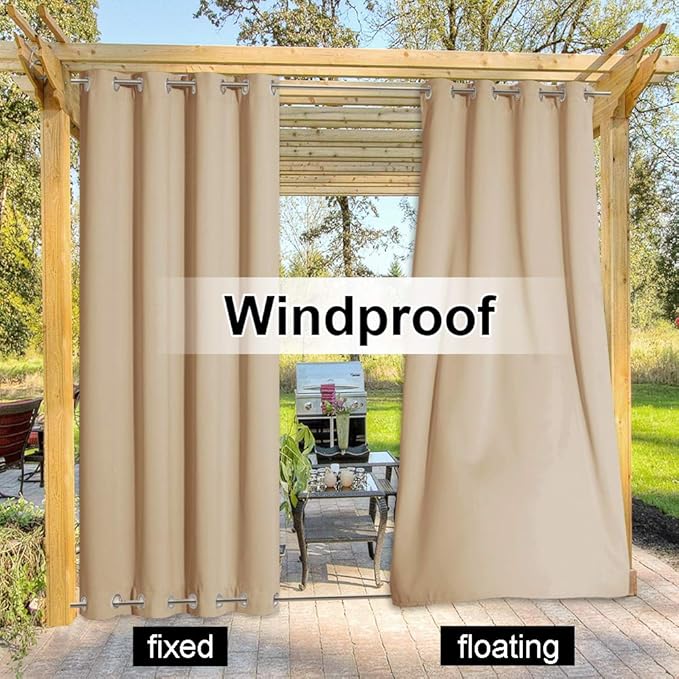 NICETOWN Weighted Outdoor Curtains for Patio Waterproof, Thermal Insulated Room Darkening Top & Bottom Grommets Drape, Windproof and Better Privacy for Porch, Biscotti Beige, W52 x L84, 1 Panel