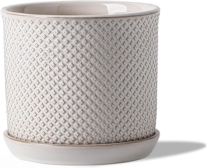 5.8 Inch Plant Pot: Ceramic Planter with Drainage Hole & Saucer for Indoor Outdoor Plants - Flowerpot with Bonded Tray for Home Office - Beaded Embossed Style, Cream White