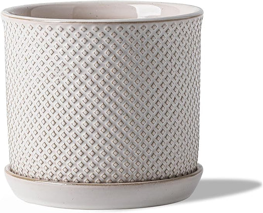 5.8 Inch Plant Pot: Ceramic Planter with Drainage Hole & Saucer for Indoor Outdoor Plants - Flowerpot with Bonded Tray for Home Office - Beaded Embossed Style, Cream White