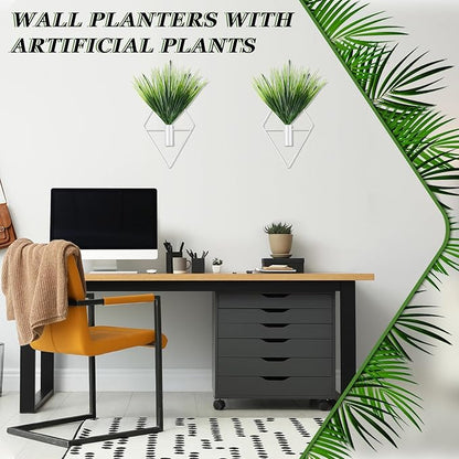 2 Pieces White Wall Decor Hanging Planters with Artificial Plants Metal Hanging Vase Indoor Plants Holder Modern Geometric Wall Art for Bathroom Bedroom Living Room Decor(Aquatic Plant)