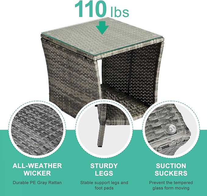 VINGLI Outdoor Wicker Side Table Patio Side Tables for Outside, Tempered Glass Top Wicker Table with Storage End Table for Balcony Porch Deck (Grey)