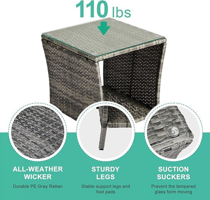 VINGLI Outdoor Wicker Side Table Patio Side Tables for Outside, Tempered Glass Top Wicker Table with Storage End Table for Balcony Porch Deck (Grey)