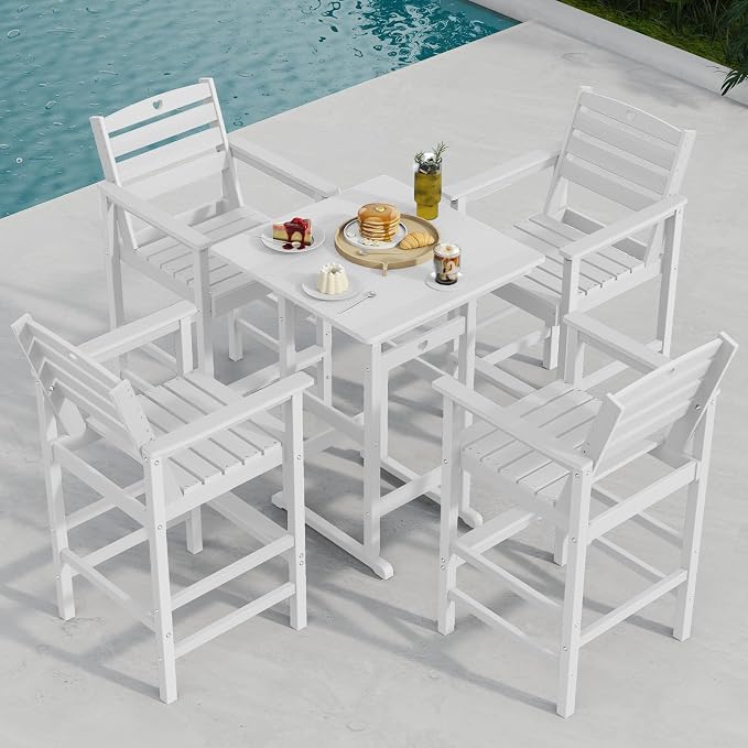 Bar Table Set with 2 Adirondack Chairs, White Outdoor HDPE