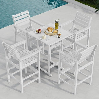 Bar Table Set with 2 Adirondack Chairs, White Outdoor HDPE