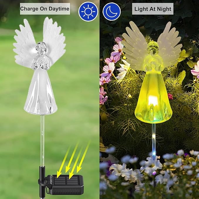 2 Pack Solar Angel Lights Outdoor Decor, Decorative Color Changing Waterproof LED Angel Stake Lights for Cemetery Grave Garden Patio Yard Art Lawn Decoration, Grave Markers, Memorial Gifts