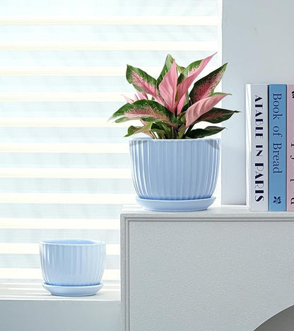 Ton Sin Sky Blue Ceramic Flower Pots, 4"+5"+6" Inch Small Succulent Planters with Drainage Hole,Modern Indoor Decorative Plant Pots Set of 3,Garden Pots with Saucer(Blue)