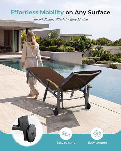 Ciokea Outdoor Lounge Chair with Pillow Set of 4, 5-Position Chaise Lounge with Wheels & Armrests, 400 lbs Heavy Duty Aluminum Pool Lounge Chairs, for Beach, Deck, Poolside & Backyard, Brown