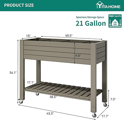 YITAHOME 43.3x17.7x34 in Elevated Garden Bed 2pcs, Outdoor Plastic Planter Box with Wheels, Legs, Drain Plug, and Storage Shelf for Plants, Vegetables, Flowers, Herbs, Light Brown