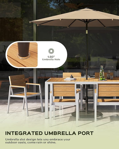67" HDPS Outdoor Patio Dining Table, Aluminum-Edged Outdoor Dining Table with Umbrella Hole, Weather-Resistant for Lawn, Garden, Poolside and Indoor Use, White & Teak