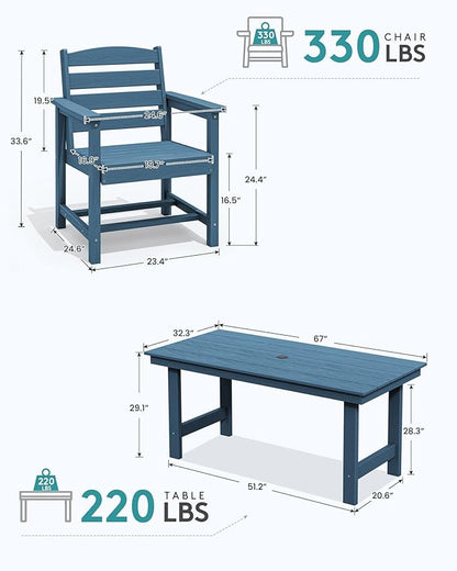 SERWALL Patio Table Set, Outdoor HDPE Dining Furniture with Umbrella Hole, All Weather for Lawn, Garden, Backyard, Poolside, Blue | with Umbrella Hole, All Weather, for Lawn, for Garden, for Backyard, for Poolside