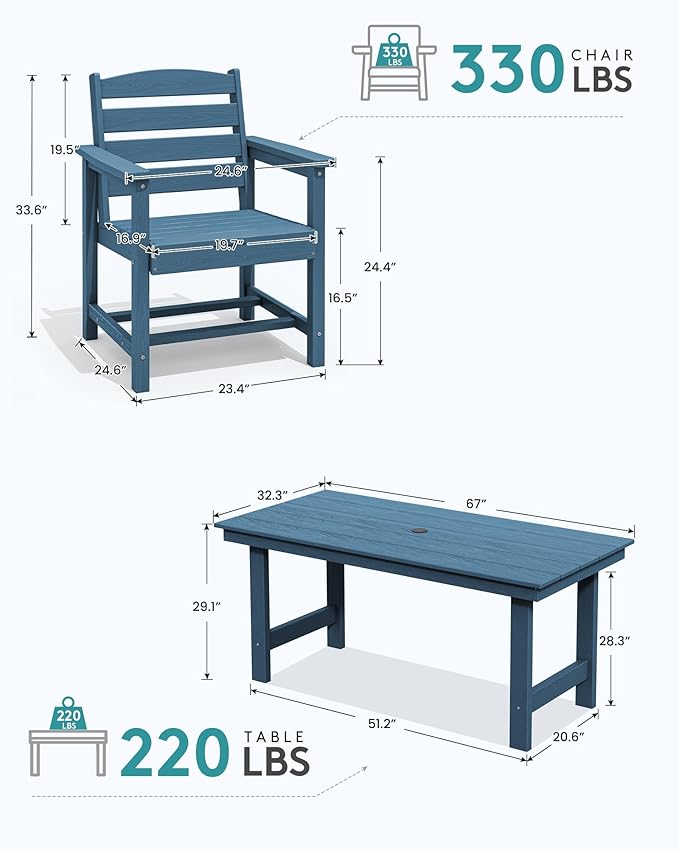SERWALL Patio Dining Table and Bench Set for 6, Blue