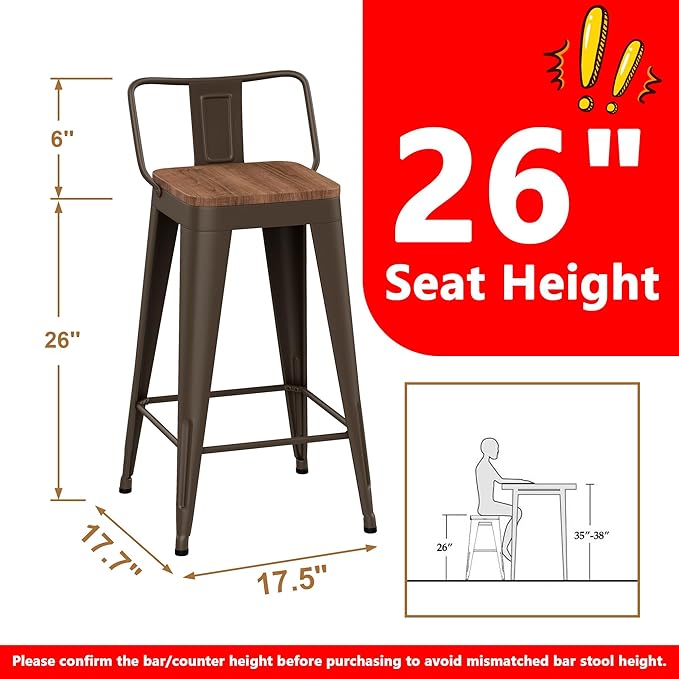 WENTMENT Bar Stools Set of 4 Counter Height Bar Stools Metal Barstools with Removable Back 26" Kitchen Bar Stools with Wooden Seat, Rusty