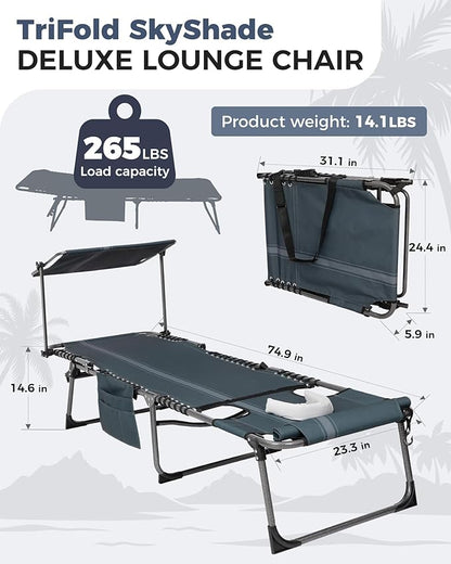 KingCamp 2 Pack Tanning Chair with Face Hole, Lounge Chairs Outdoor Folding Comfy Adjustable 5-Position Chaise Chaser with Canopy Shade for Outside Beach Patio, Blue/Grey