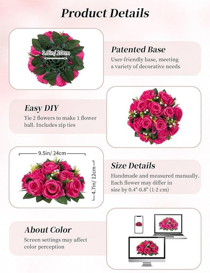 Artificial Flower Balls, Hot Pink Silk Roses, 10 Pack