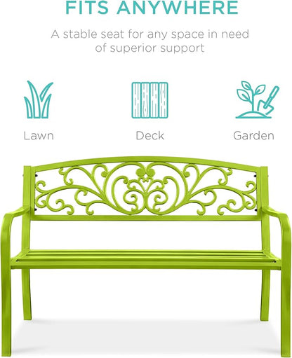 Best Choice Products Outdoor Bench Steel Garden Patio Porch Furniture for Lawn, Park, Deck w/Floral Design Backrest, Slatted Seat - Lime Green